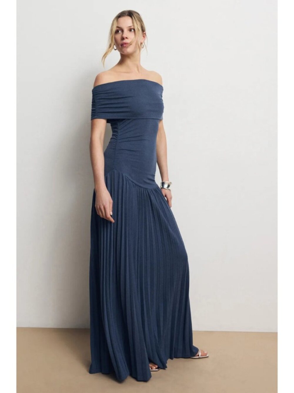 Lioness Navy Blue Off-Shoulder Pleated Maxi Dress - Picture 8 of 15